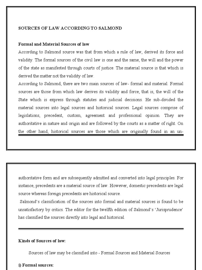 Sources of Law According To Salmond Formal and Material Sources of Law