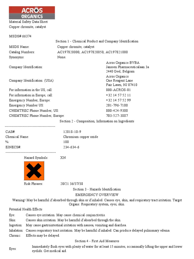 Material Safety Data Sheet for Copper Chromite Catalyst Provides
