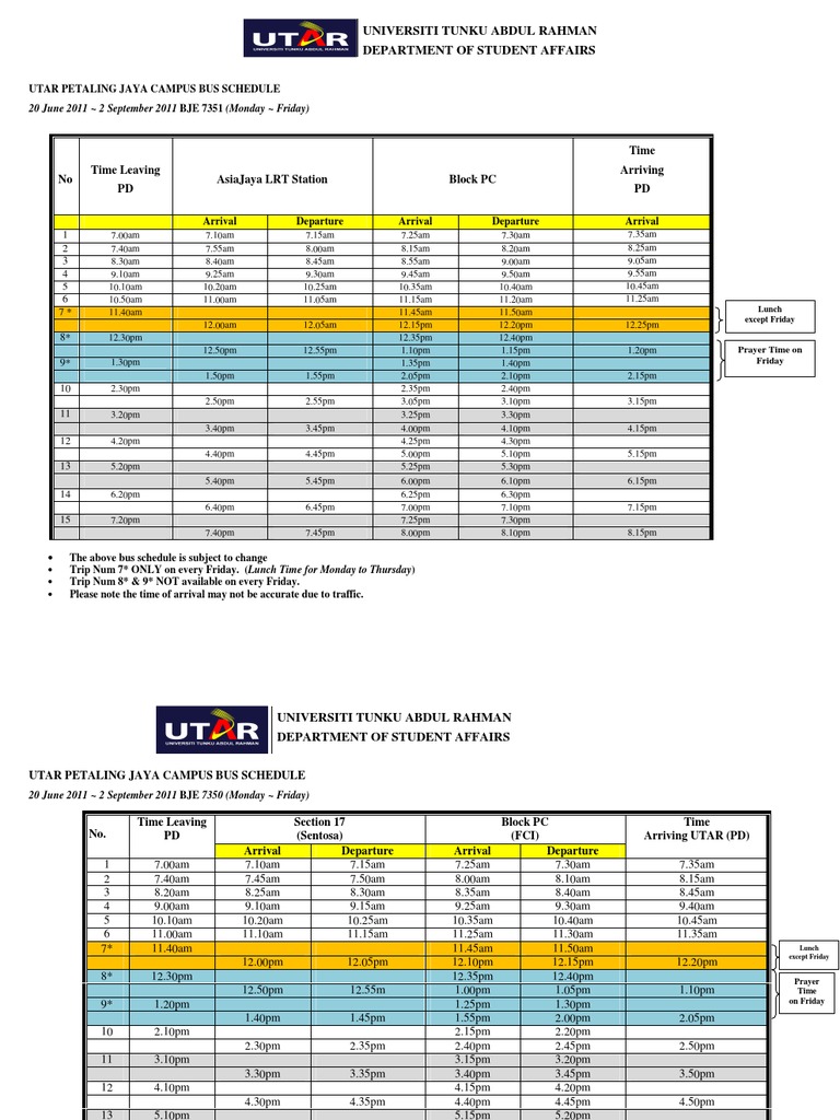 UTAR PJ Campus Bus Schedule 2011 | PDF