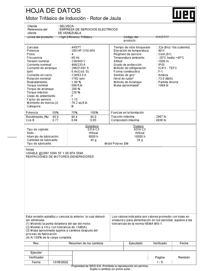 Motor de 200 HP 4 Polos Weg Frame 445T | PDF | Bienes manufacturados ...