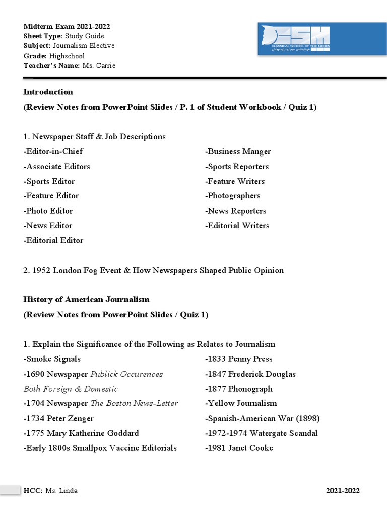 Journalism Study Guide 2021-2022 | PDF | Newspapers | News