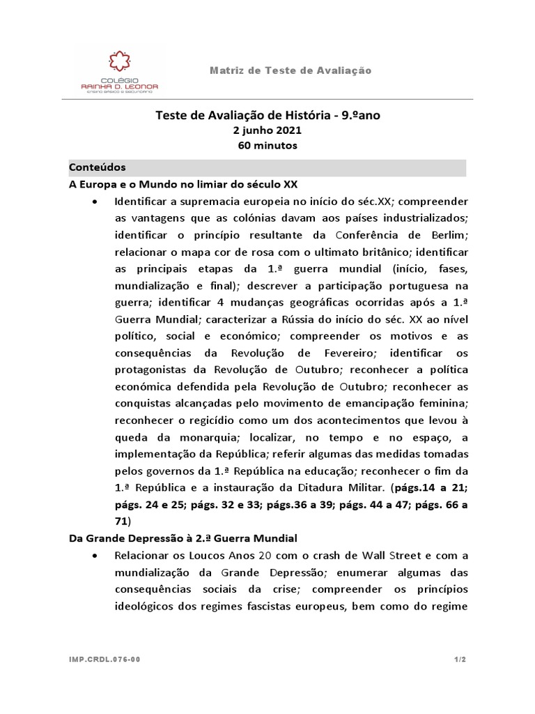 Matriz Teste HST 9.ºano Jun | PDF | Europa | Guerra Fria