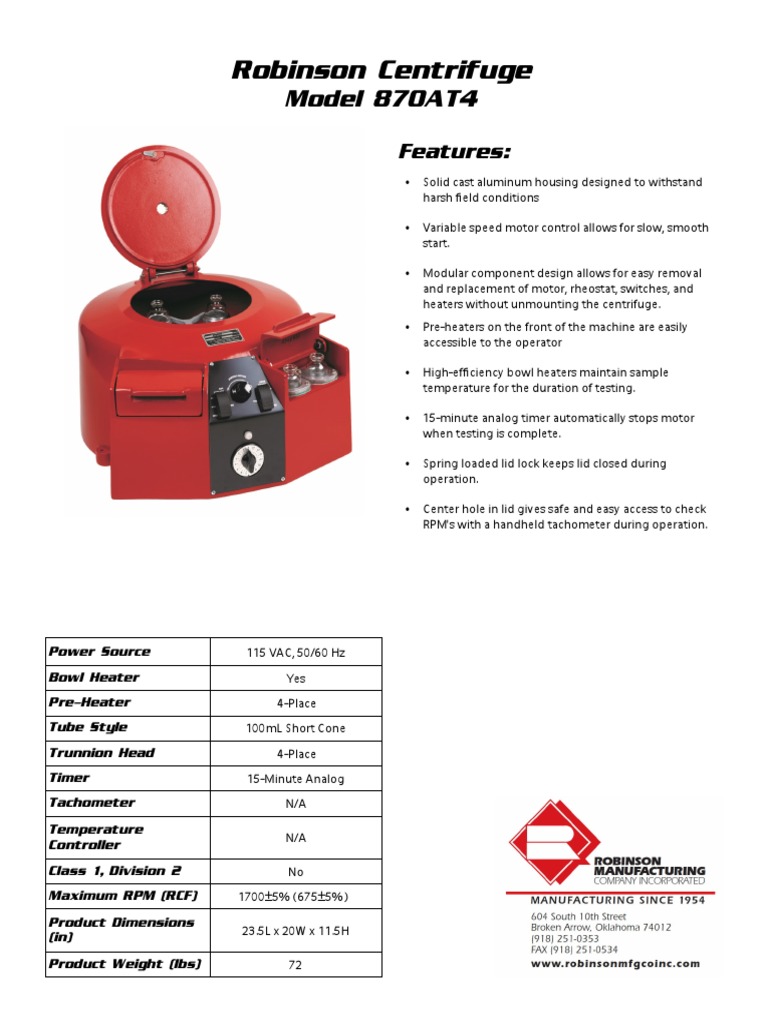 Robinson Centrifuge Model 870AT4 Features | PDF | Technology & Engineering