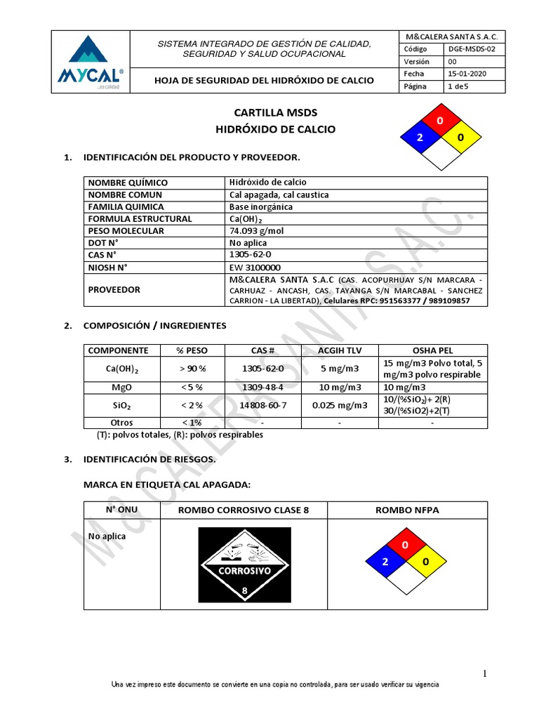 DGE-MSDS-02 Hoja MSDS Hidróxido de Calcio Ver 00 | PDF | Quemar | Agua