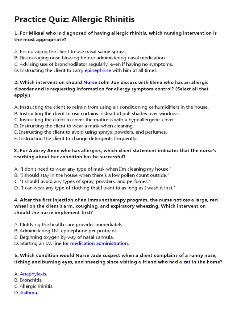 Practice Quiz Allergic PDF Pneumonia Allergy