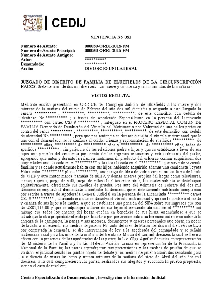 Sentencia de Divorcio Unilateral Juzgados de Familia - Ley #870 | PDF