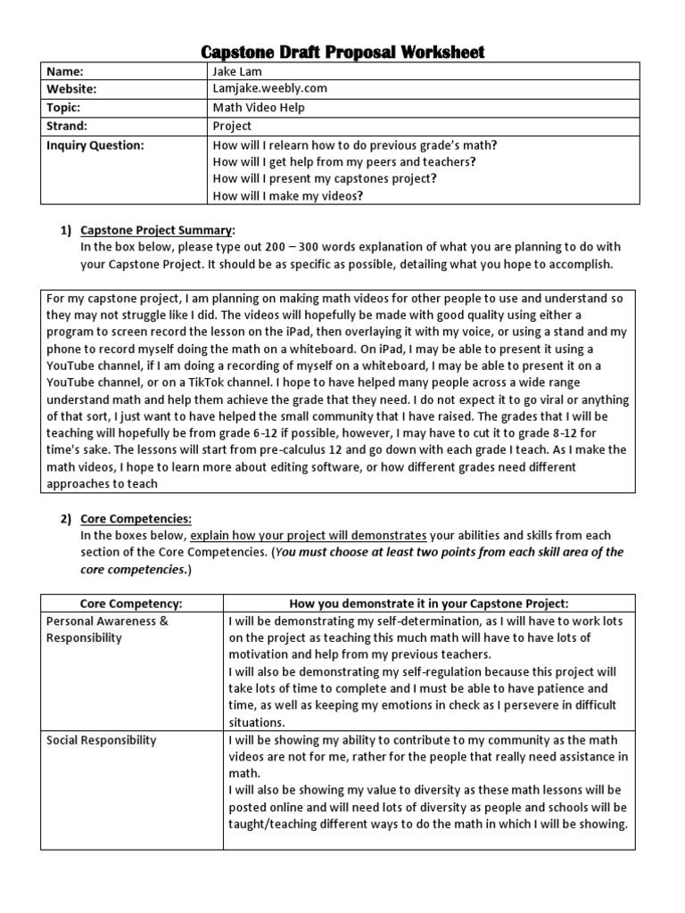 CLC 12 Capstone Draft Proposal Worksheet PDF Teaching Method