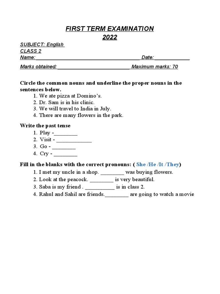 Class 2 English First Term Exam | PDF | English Language | Cognitive ...
