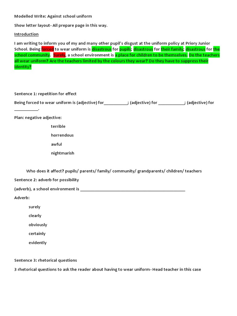 Persuasive Letter School Uniform PDF Adverb Sentence (Linguistics)