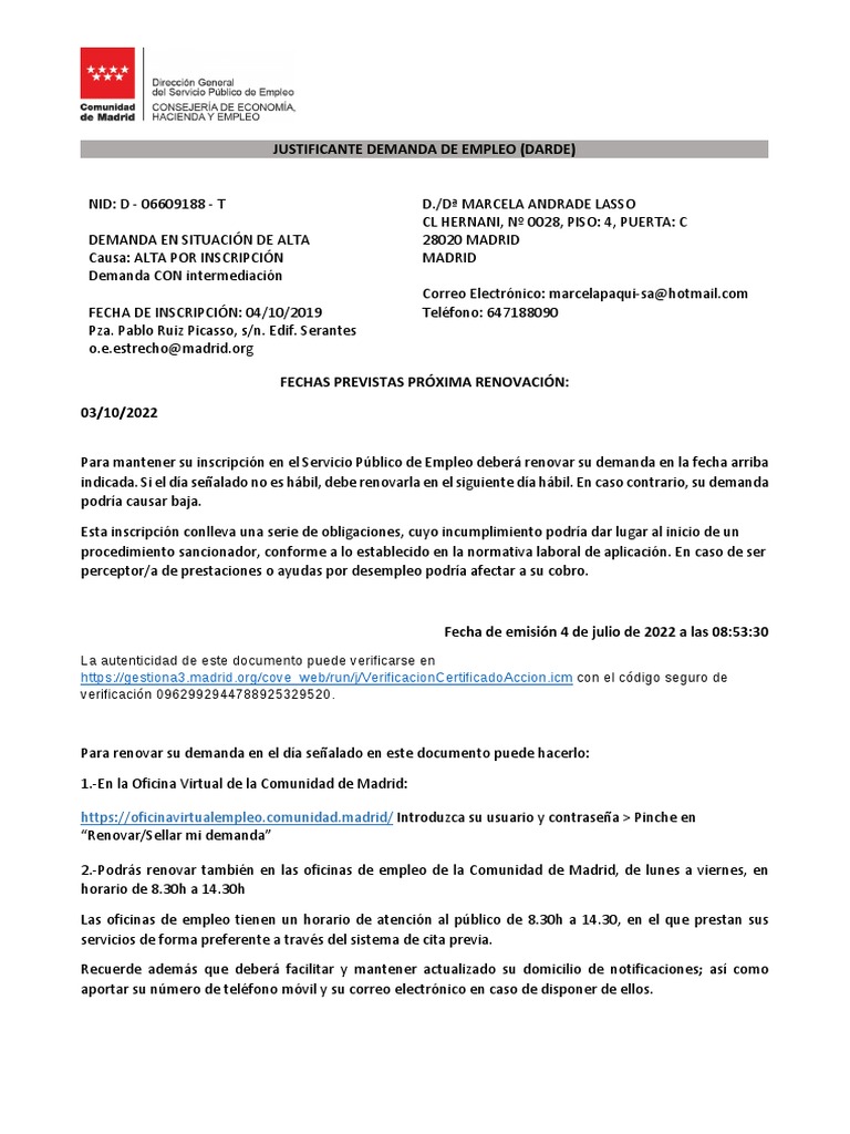 Justificante de Demanda de Empleo DARDE | PDF | Informática