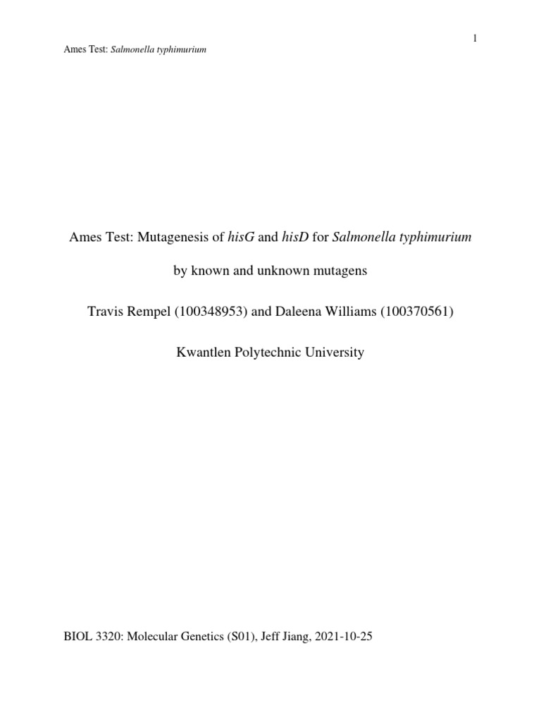 Biol 3320 Ames Test Lab Report Travis Rempel PDF Polymerase