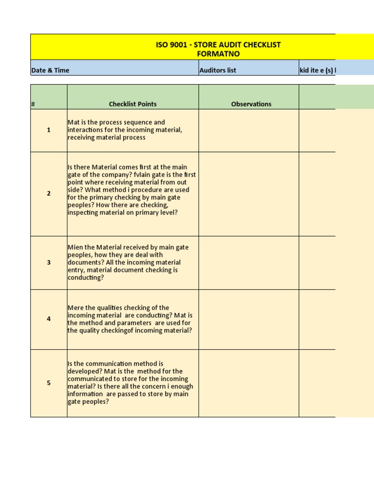 ISO 9001 Store Audit Checklist | PDF