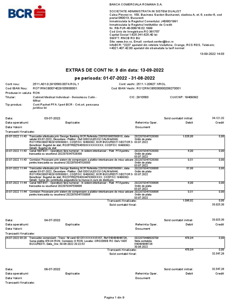 Pe Perioada: 01-07-2022 - 31-08-2022 EXTRAS DE CONT Nr. 9 Din Data: 13 ...