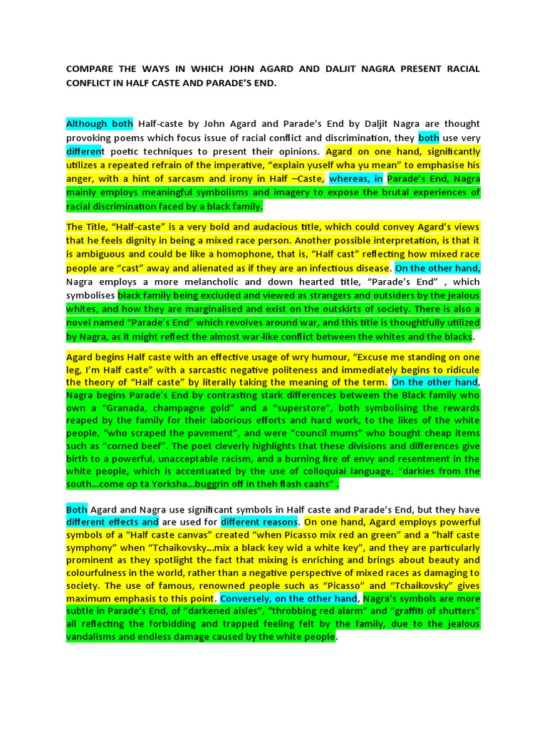 Half Caste and Parades End Comparative Essay | PDF
