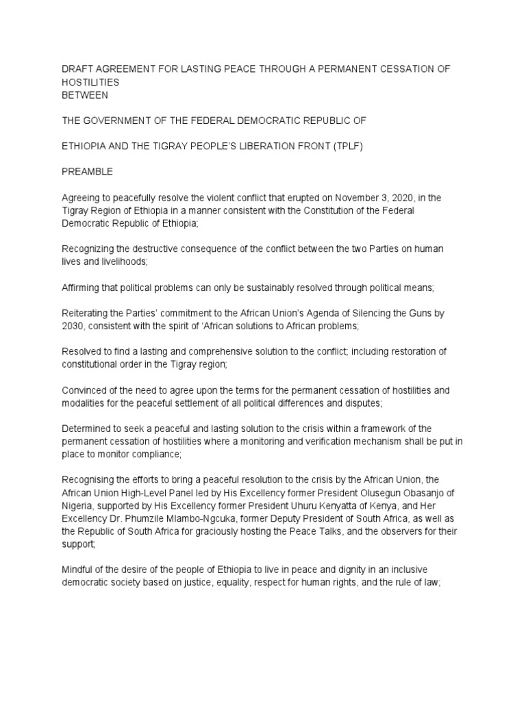 Pretoria Agreement for Peace in Ethiopia | PDF | Ethiopia | Political ...