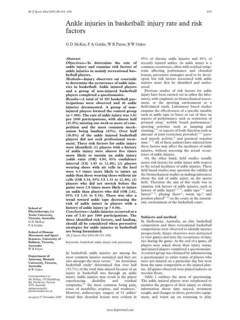 Ankle Injuries in Basketball Injury Rate and Risk Factors G D Mckay