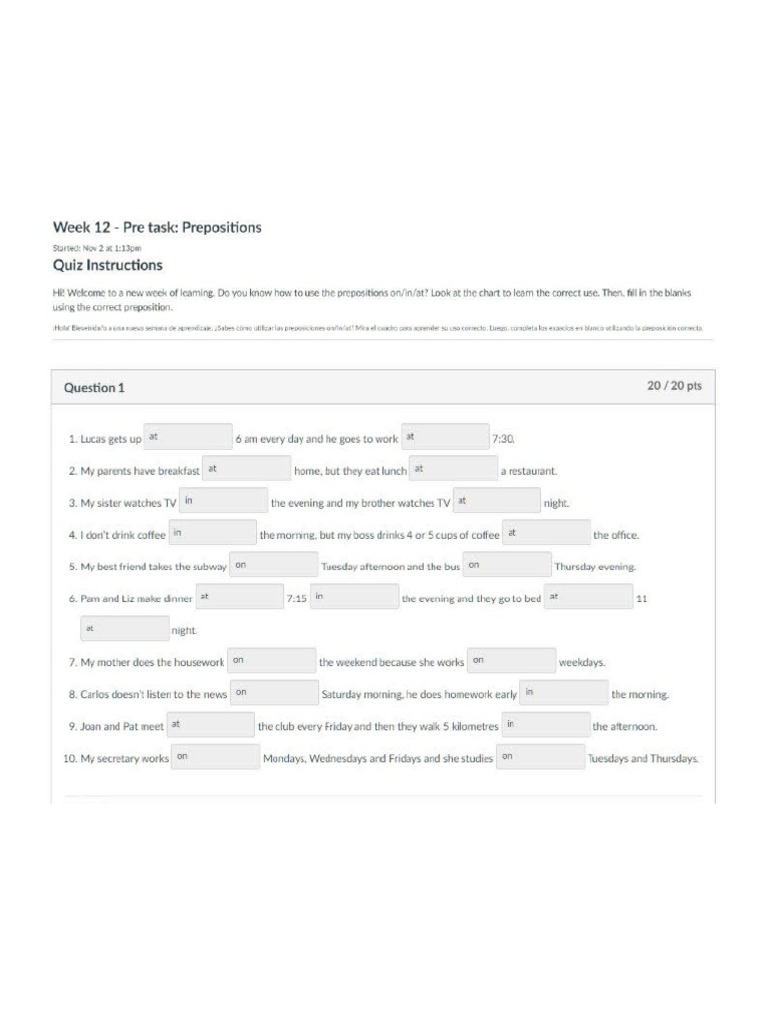Week 12 - Pre Task Prepositions | PDF
