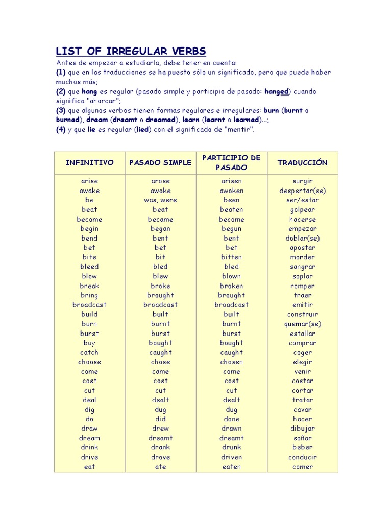 Lista de Verbos Irregulares | PDF