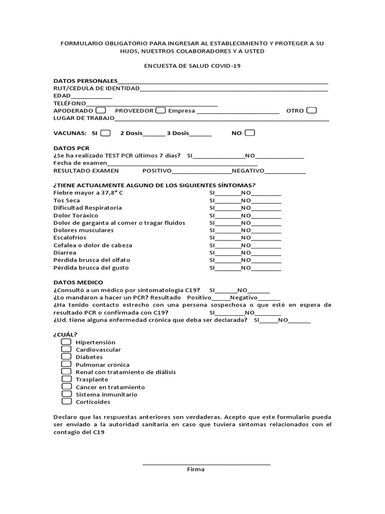 Formulario de Salud COVID-19 Obligatorio | PDF | Finanzas y dinero ...