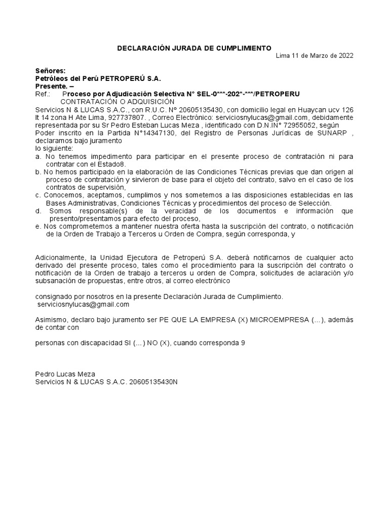 Declaración Jurada de Cumplimiento | PDF