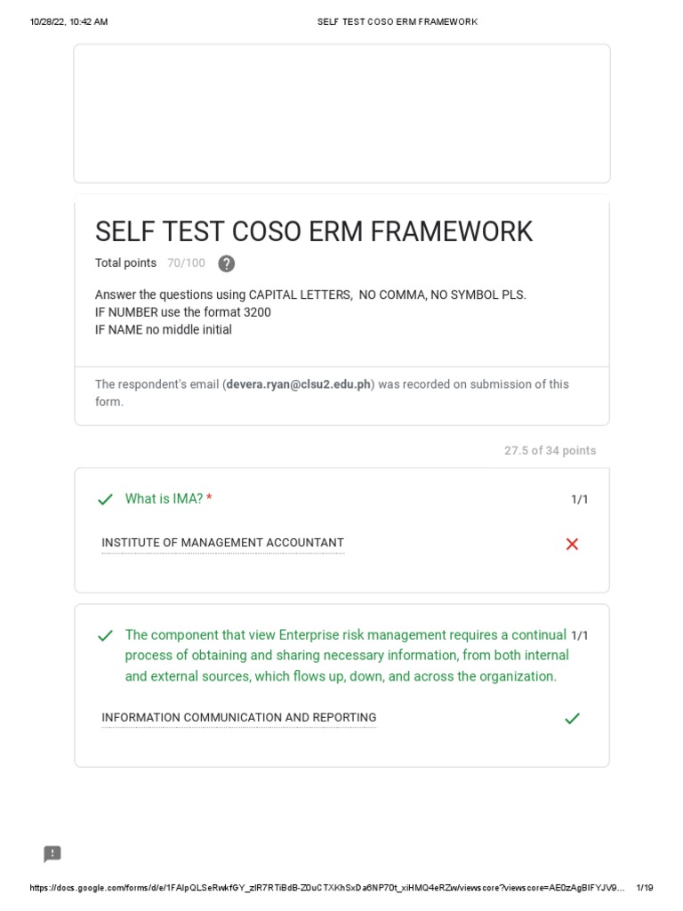 COSO ERM Framework Self-Test Guide | PDF | Enterprise Risk Management ...