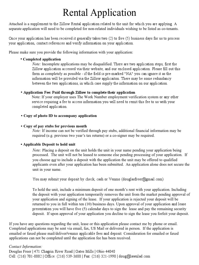 Rental Application BLANK FORM Zillow Supplement PDF Lease