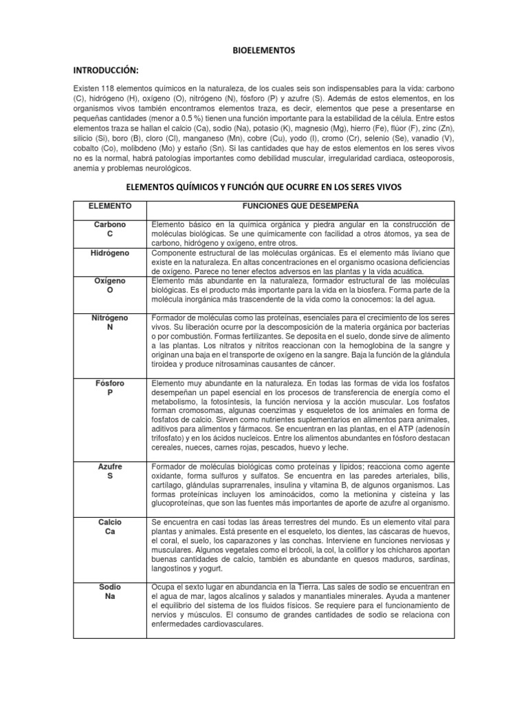 Bioelementos Esenciales para la Vida | PDF | Elementos químicos | Calcio