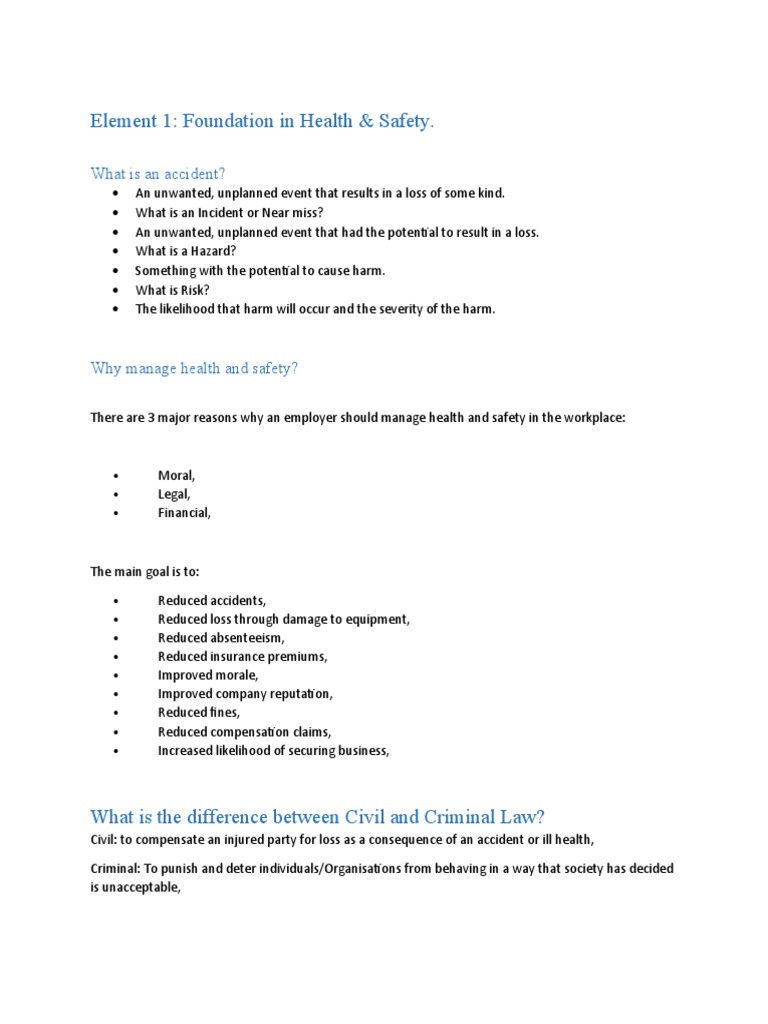 Element 1 Foundation in Health and Safety PDF Occupational Safety