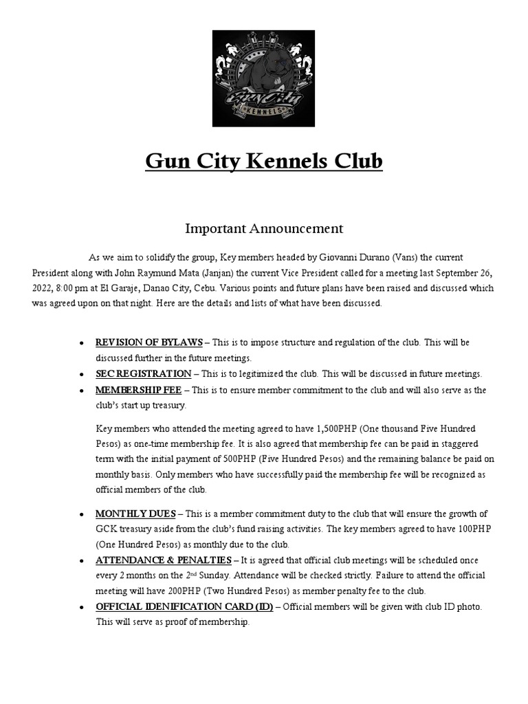 Gun City Kennels Club Announcement Outlines New Membership Structure and Activities PDF