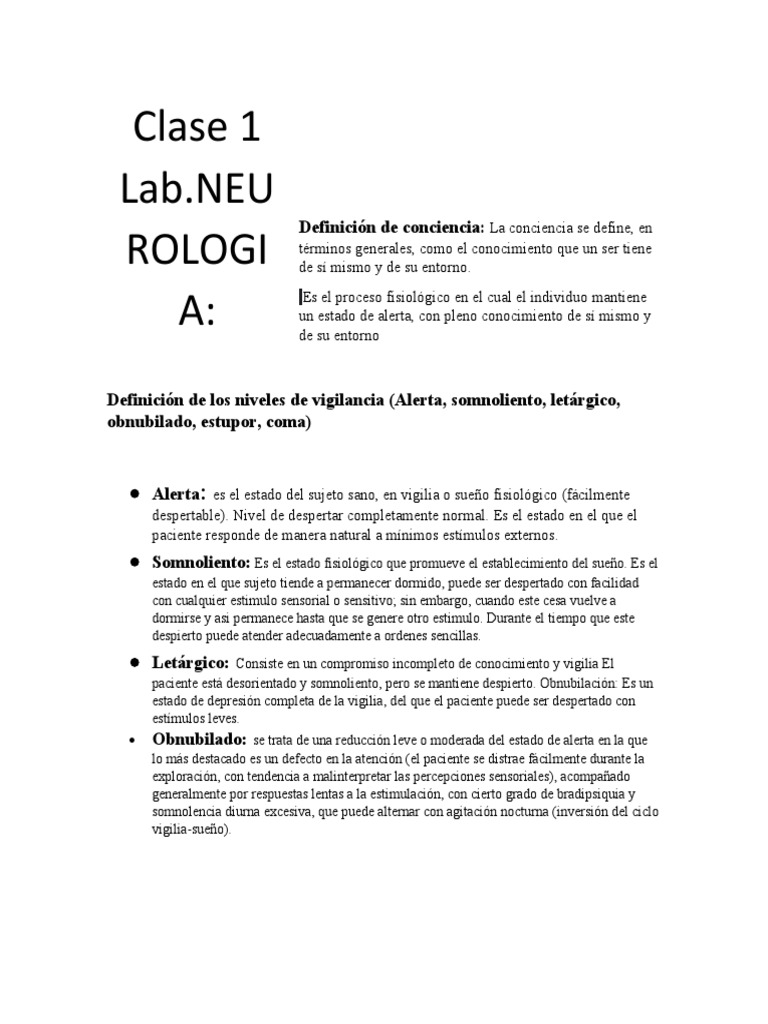 Class 1 Lab. Neurologia PDF Coma Medicina CLINICA