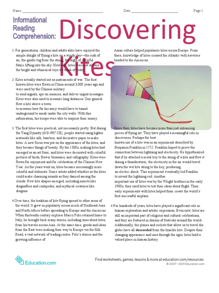 Informational Reading Comprehension Discovering Kites PDF Kite