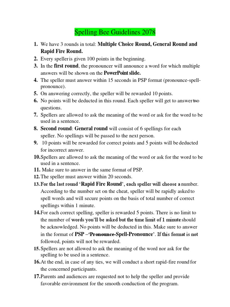 Spelling Bee Rules and Scoring 2078 | PDF