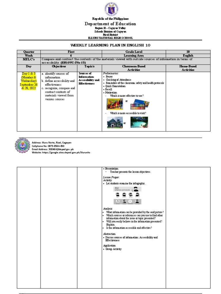 English 10 Weekly Learning Plan: Week 6 | PDF
