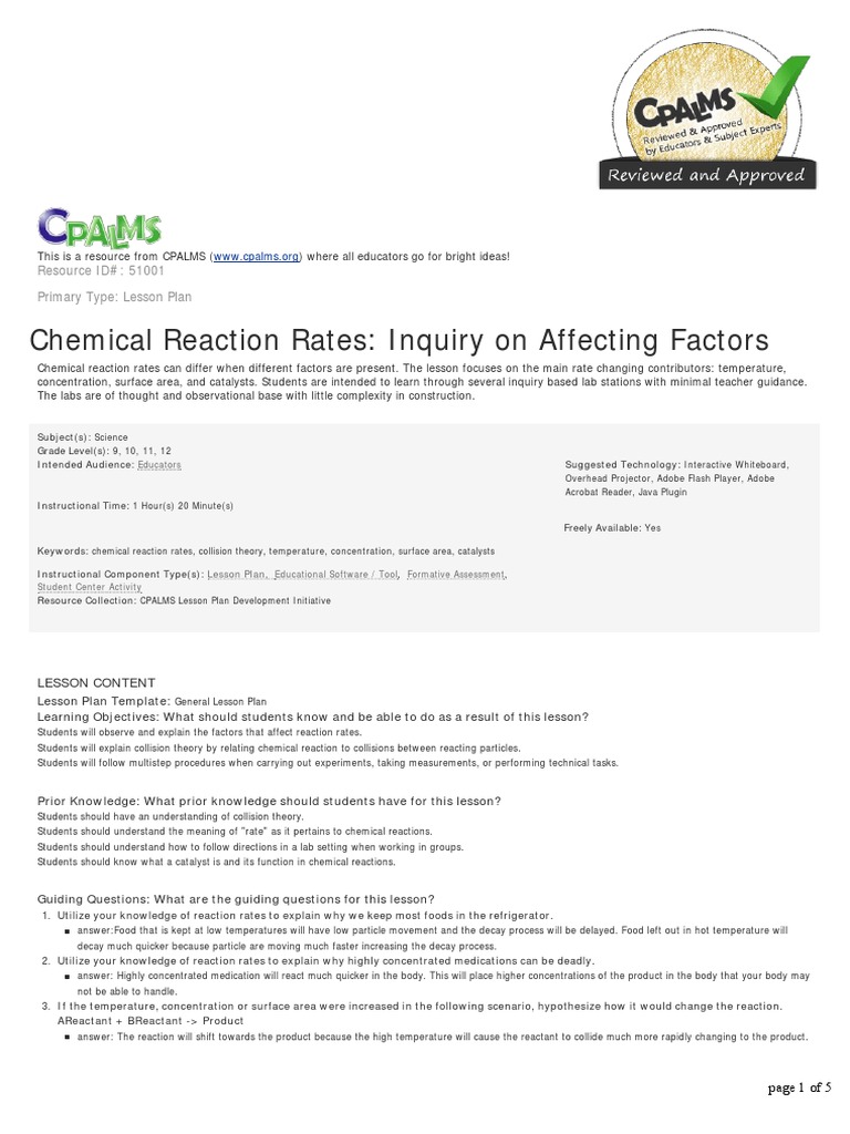 Factors Affecting Chemical Reaction Rates | PDF | Reaction Rate ...