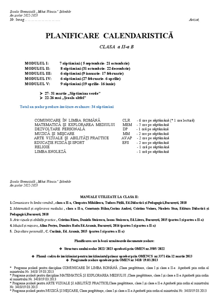 Planificare Calendaristica - Clasa A II-a Pe Module | PDF