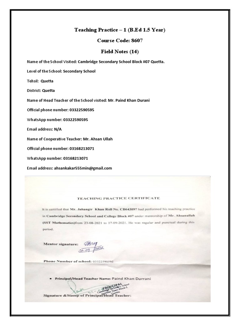 8607 Field Notes1 PDF Teachers Teaching Method