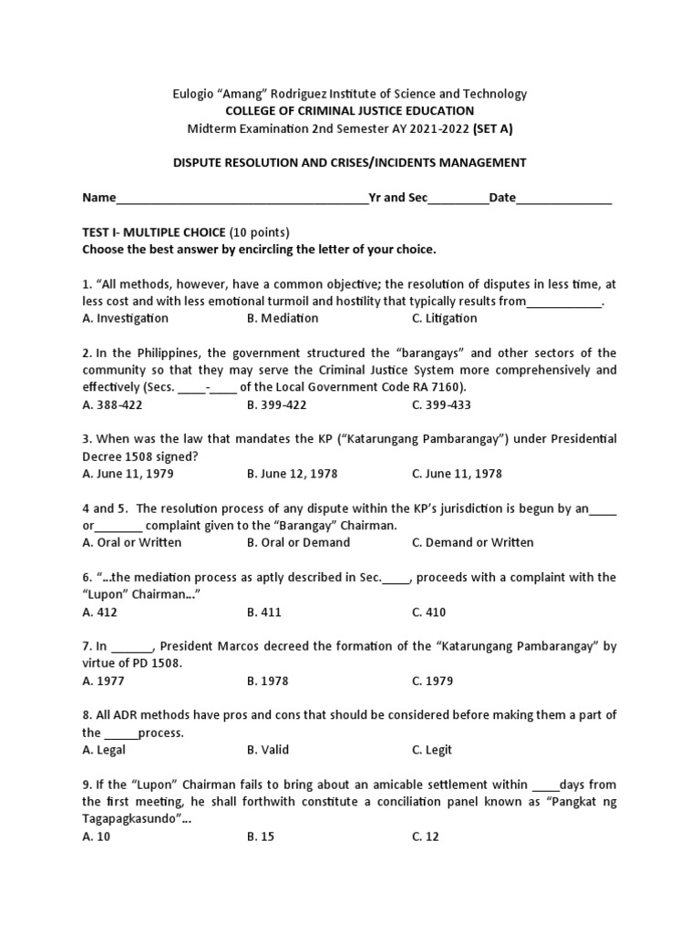 Midterm Exam on Dispute Resolution Methods | PDF | Alternative Dispute ...