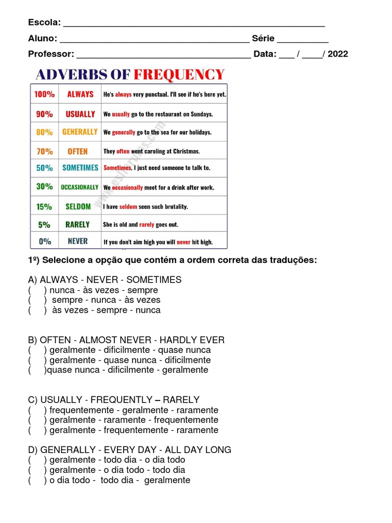 Adverbios De Frequencia: Adverbios De Frecuencia Para Imprimir – PUFJY