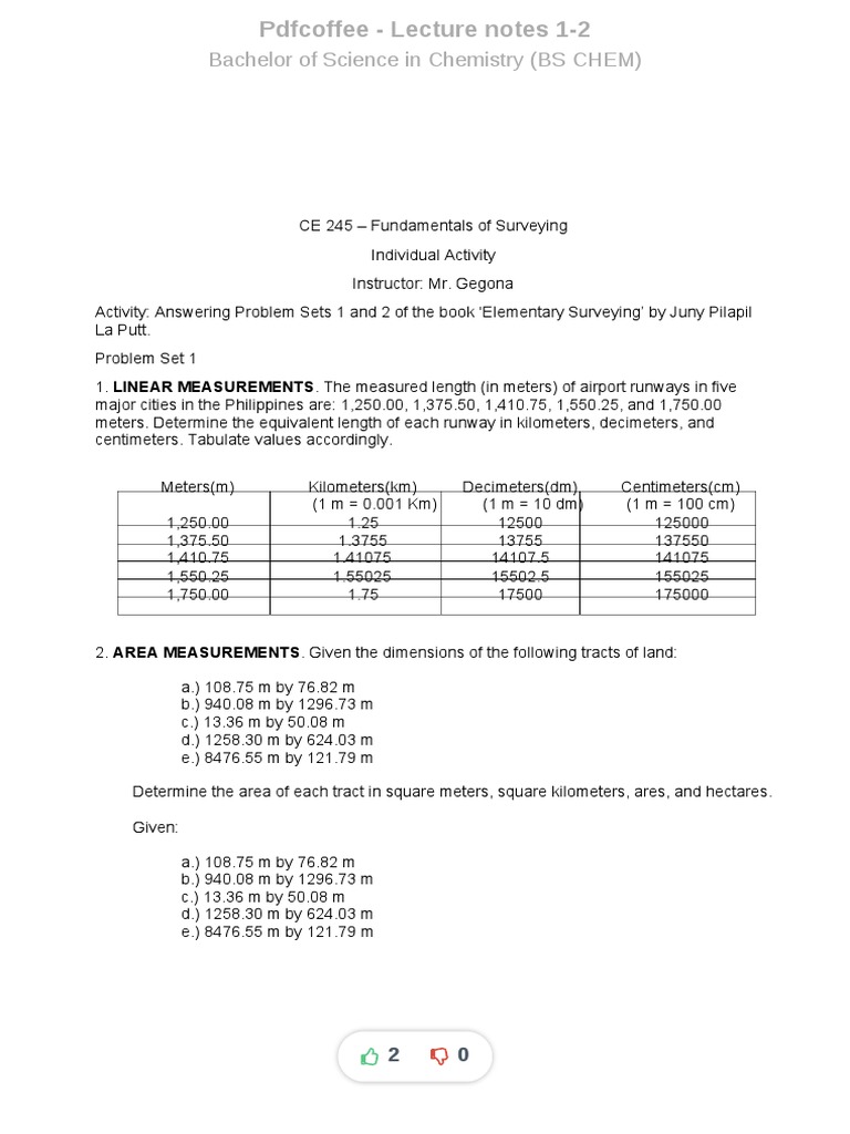 Surveying Lecture Notes and Exercises | PDF | Area | Length