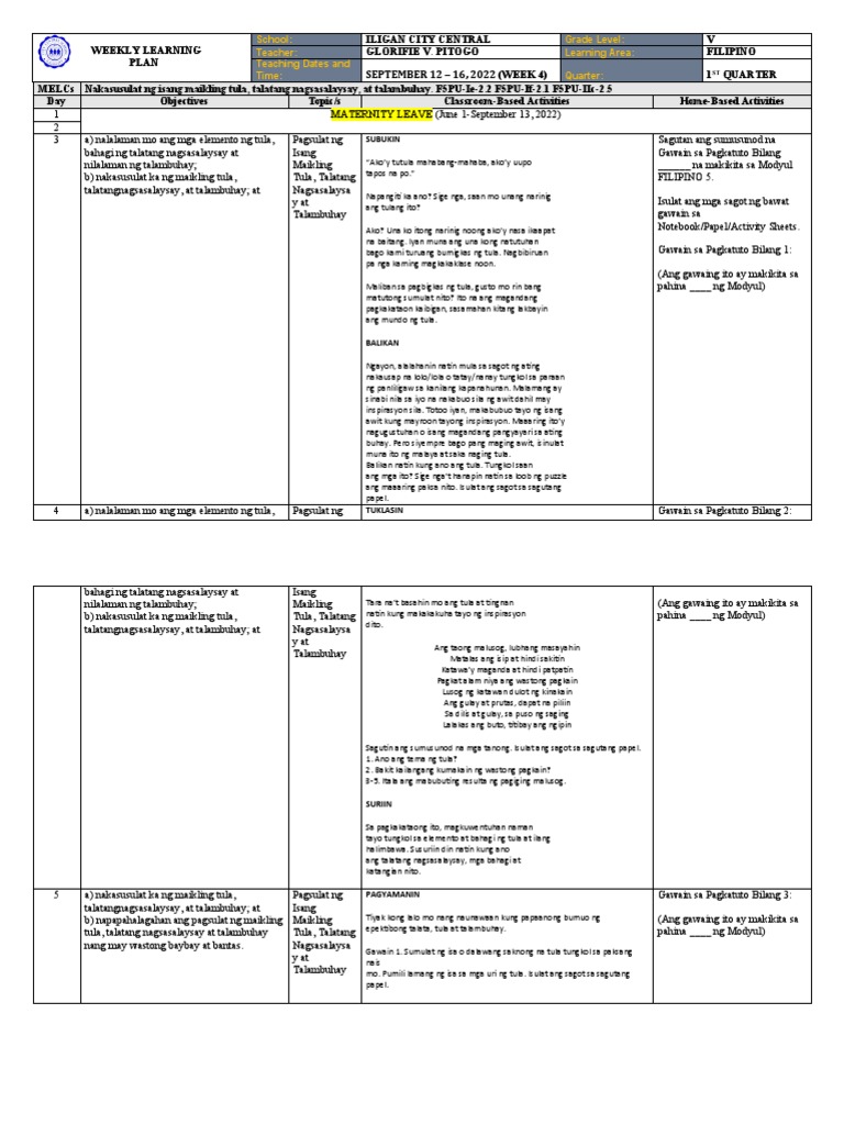 Wlp In Filipino Week 4 Q1 Pdf