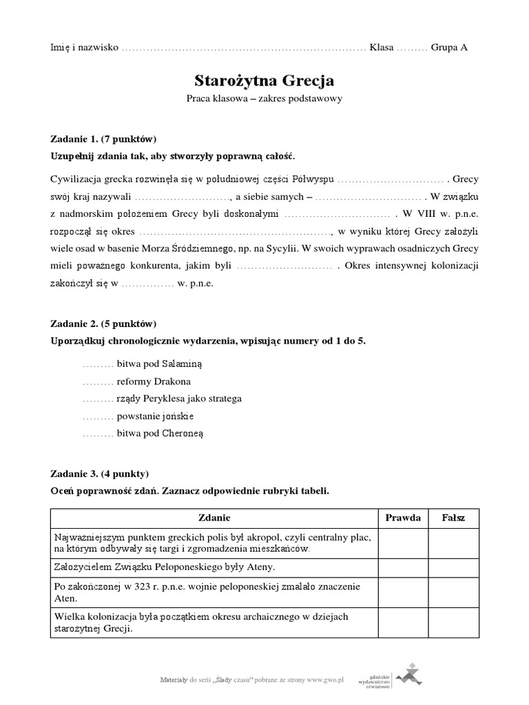 Starożytna Grecja Sprawdzian Klasa 5 Gwo
