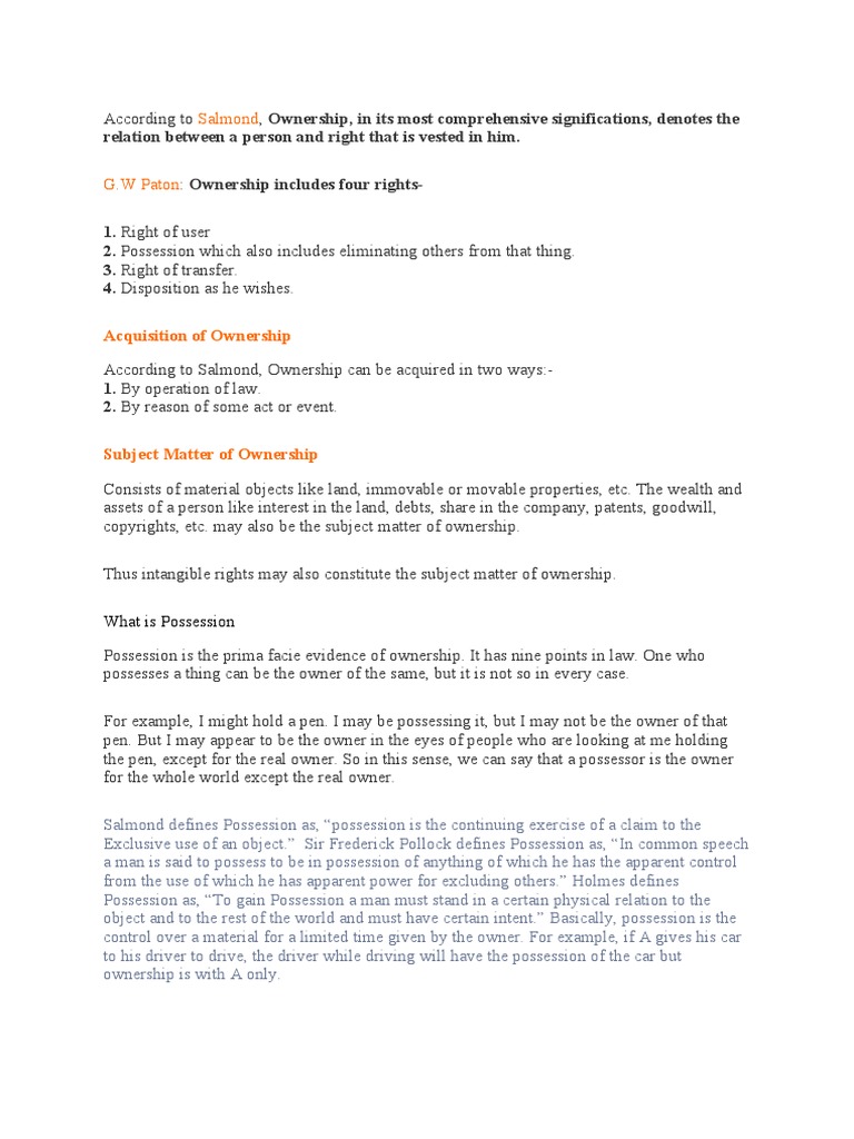 Ownership and Possesion Salmond PDF Possession (Law) Ownership