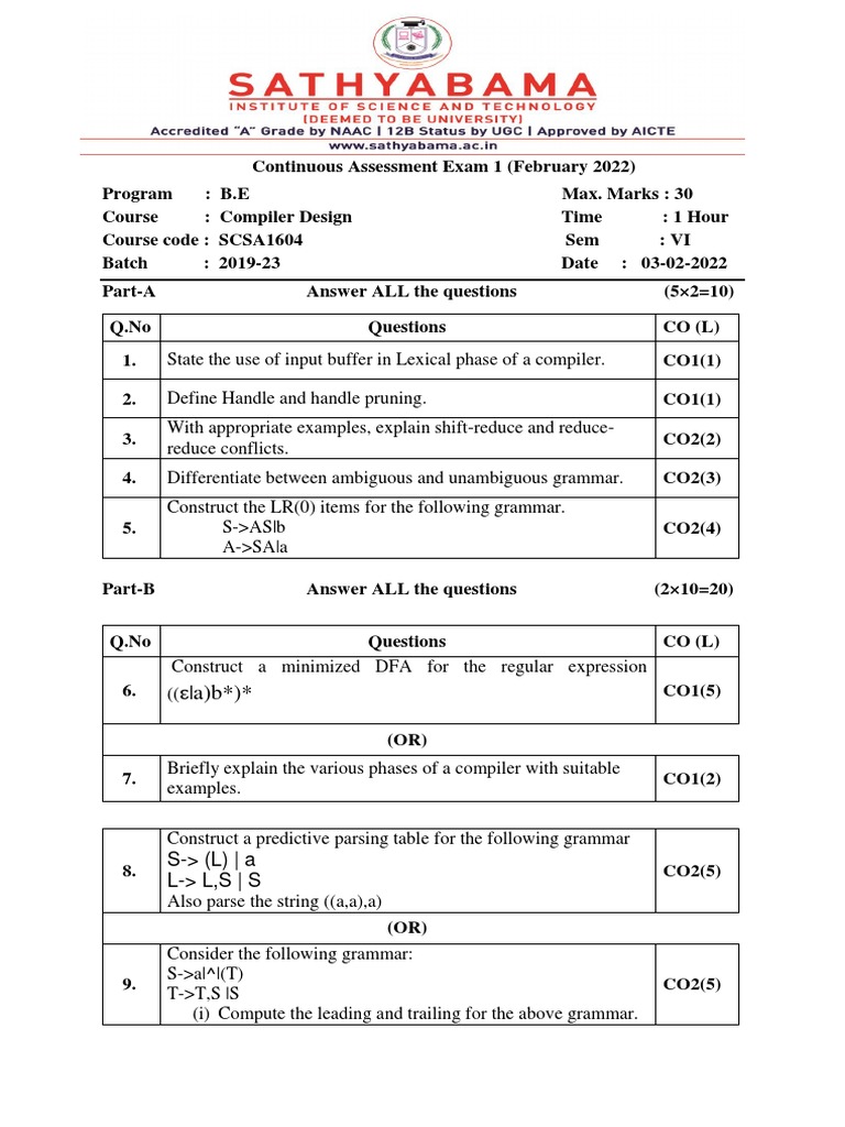 Compiler Design CAE1 Question Paper | PDF