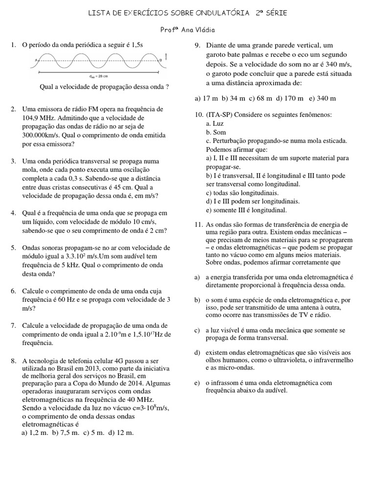 Lista de Exercícios Sobre Ondulatória 2 Série | PDF | Ondas | Frequência
