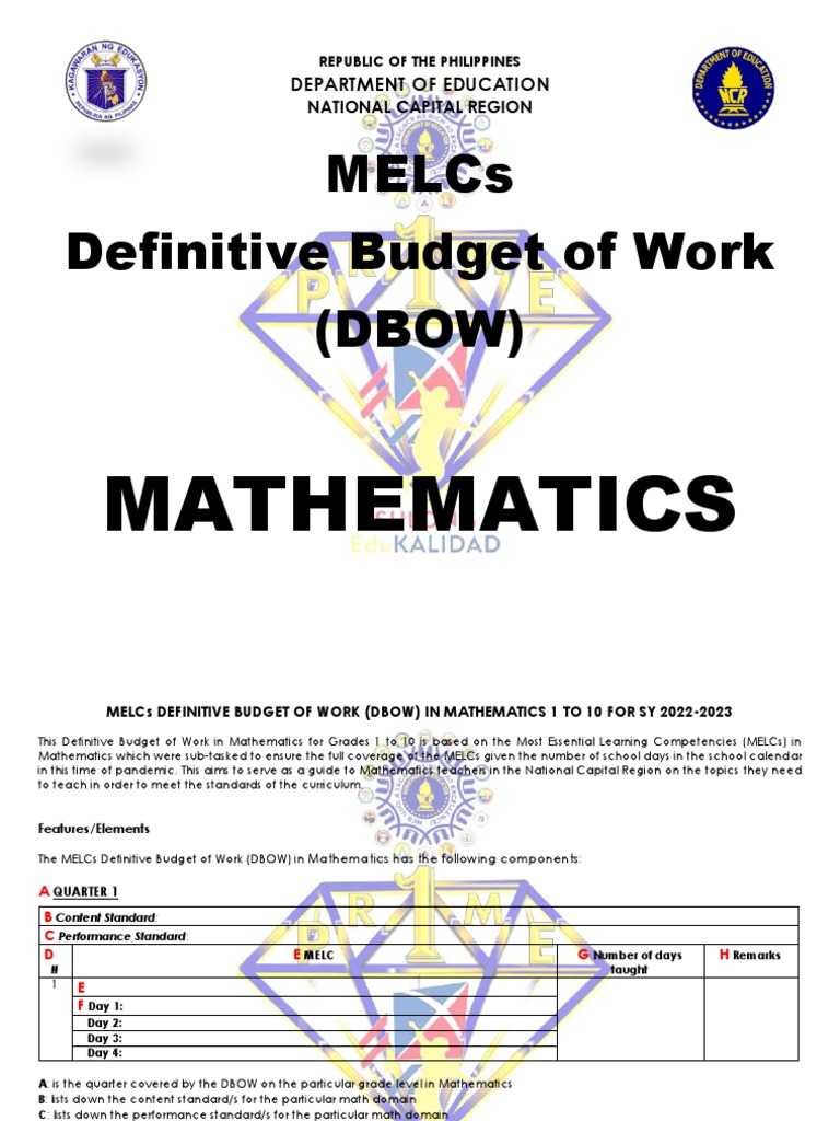 MELCs DBOW for Grades 1-10 Mathematics | PDF | Subtraction | Multiplication