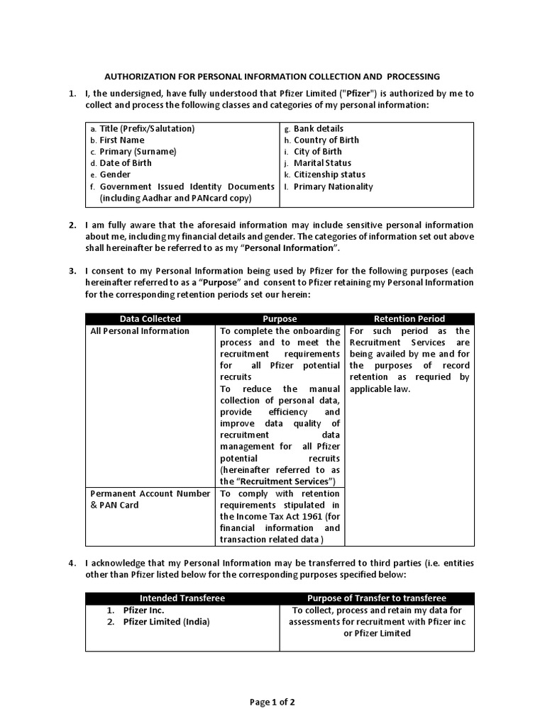 Pfizer Personal Information Consent Form | PDF | Information Technology ...