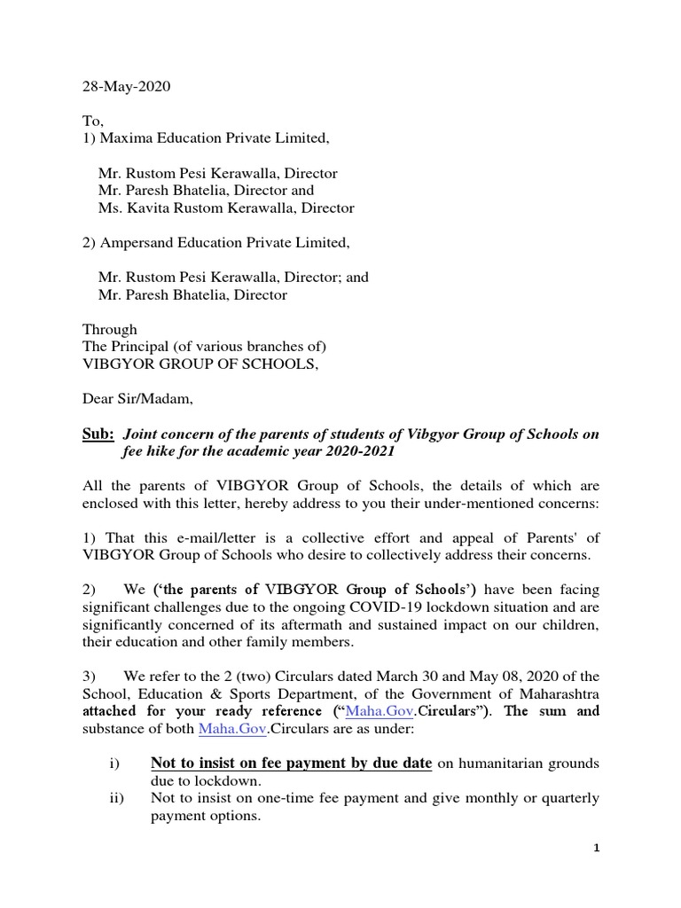 Letter From Parents of Vibgyor Schools May 2020 PDF