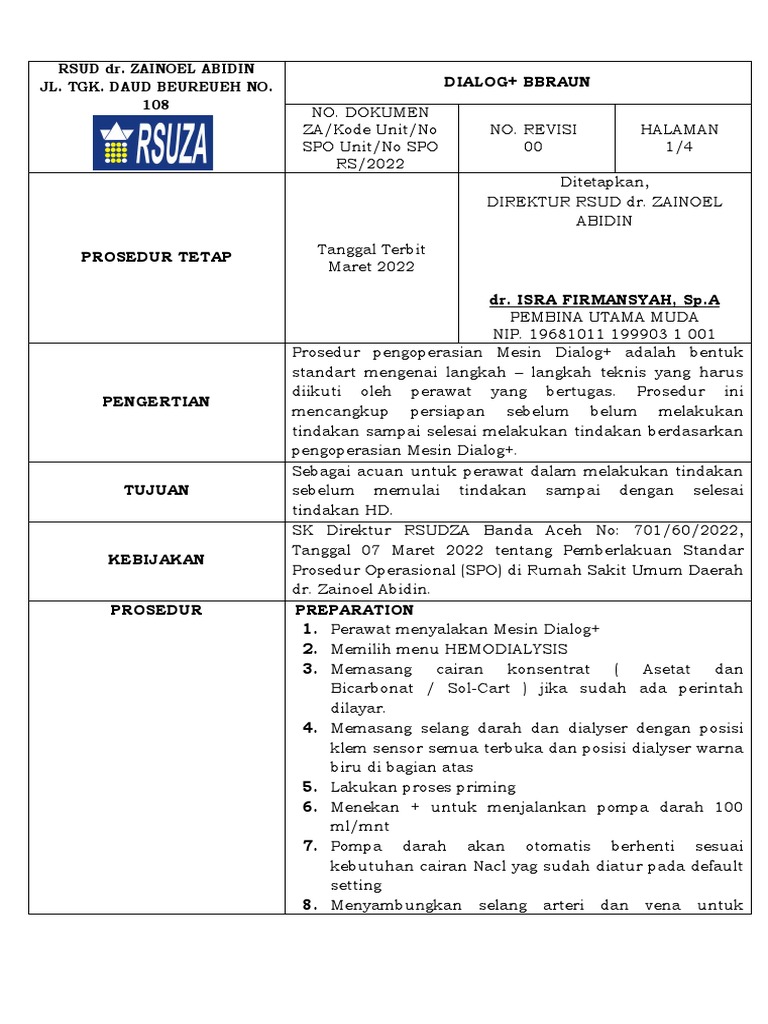 Prosedur Hemodialisis Mesin Dialog+ | PDF