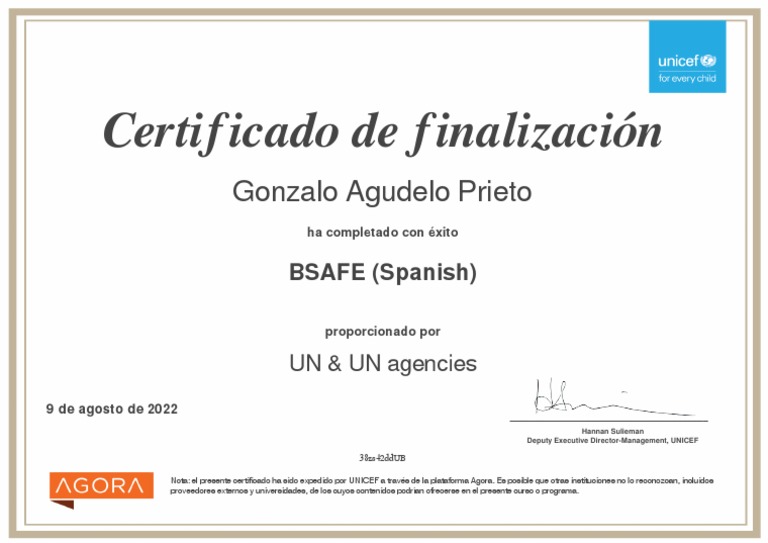 BSAFE - SP - Certificado Del Curso - BSAFE - UNICEF | PDF