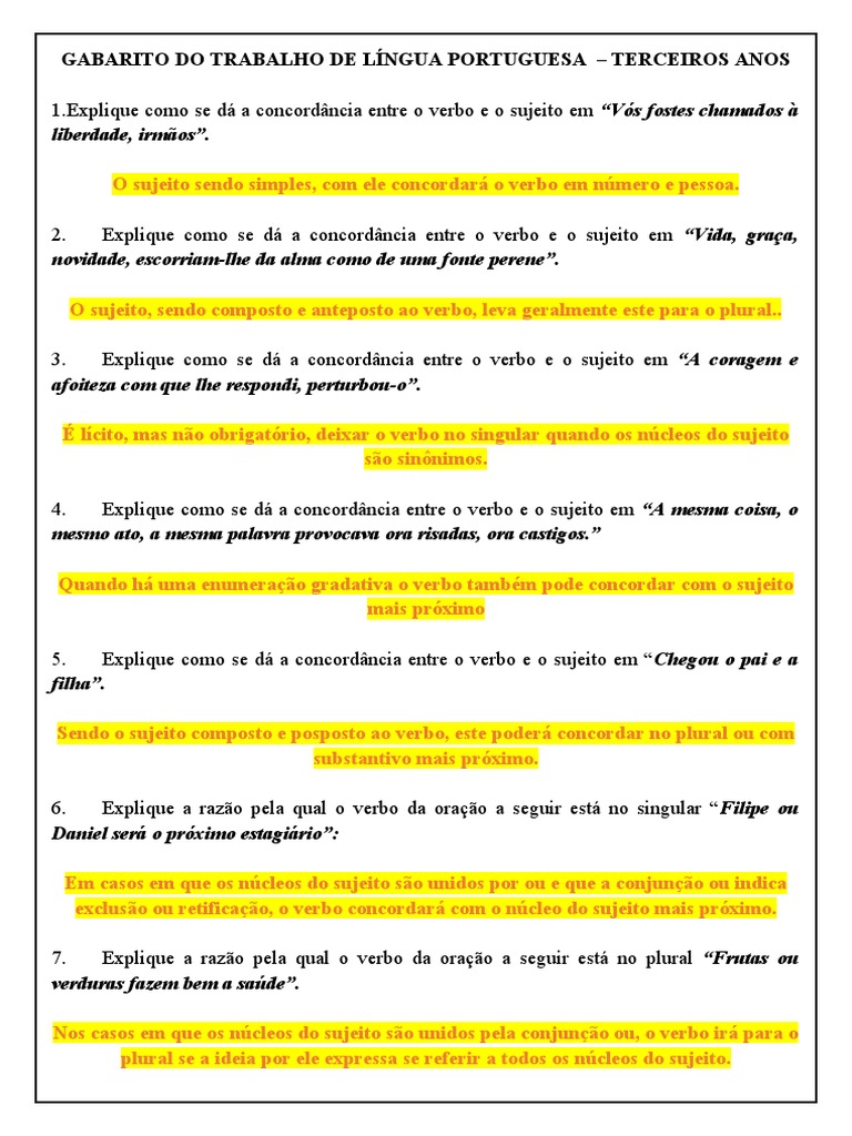 TRABALHO DE LÍNGUA PORTUGUESA - Gabarito | PDF | Assunto (gramática ...